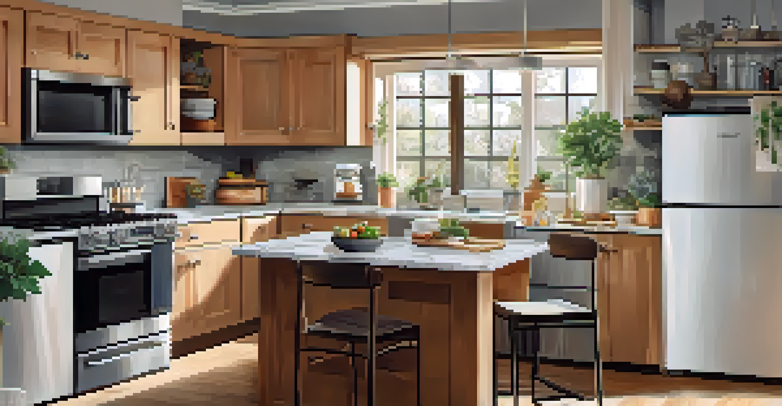 A cozy and modern kitchen in a rental property with wooden cabinets, marble countertops, and a dining table.