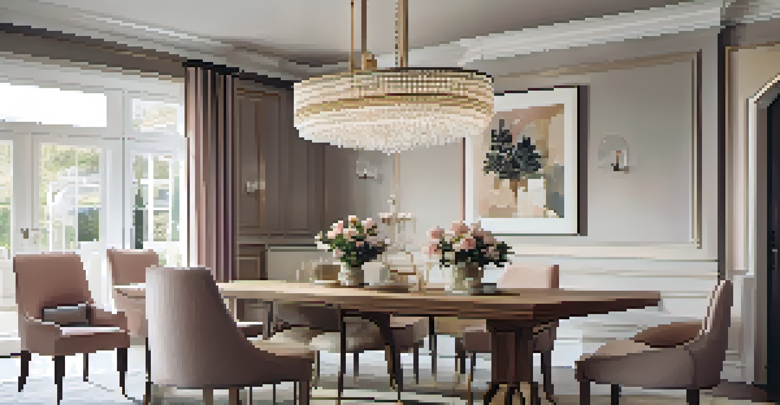 An elegant dining room with a wooden dining table, upholstered chairs, and a chandelier.