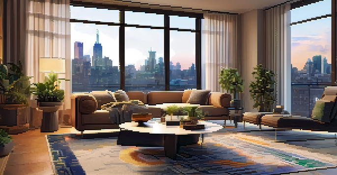 A modern living room with large windows showing a colorful city view, featuring a contemporary sofa and decorative plants.
