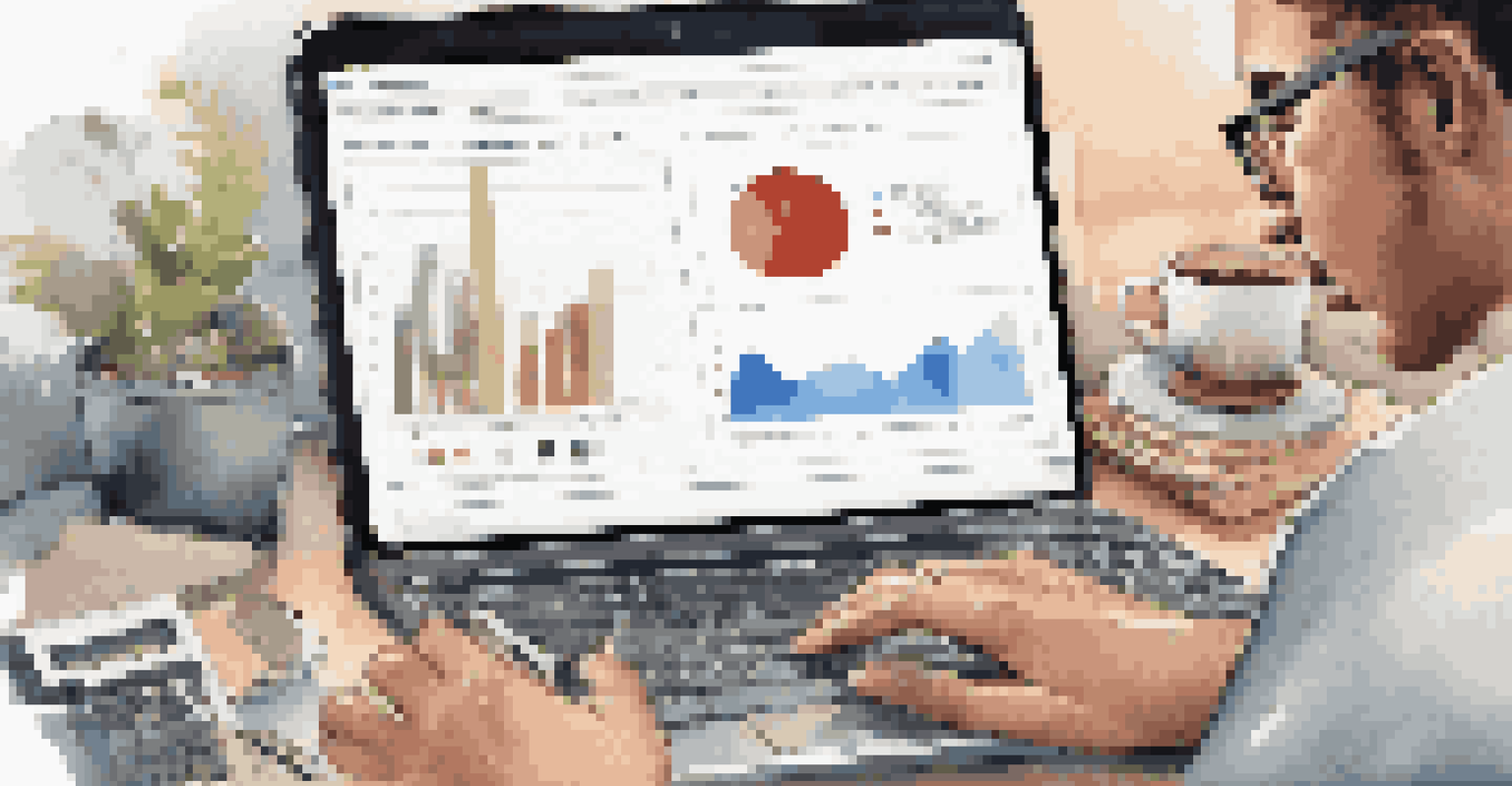 A close-up of a person checking home equity on a laptop, with graphs and charts on the screen in a tidy workspace.