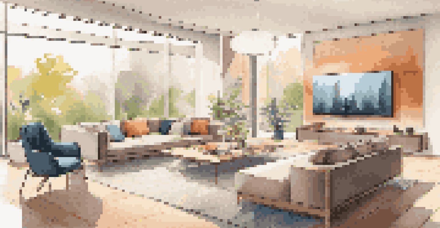 A modern living room in a smart home, with a family interacting with smart devices and automated lighting.