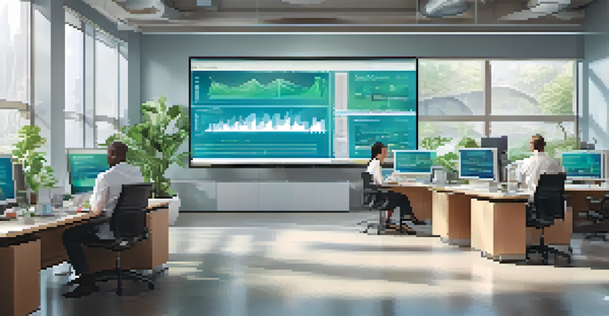 A diverse group of professionals in a bright office analyzing financial charts on a large screen, with plants and natural light.