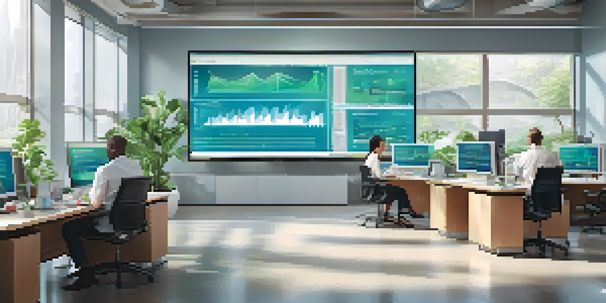 A diverse group of professionals in a bright office analyzing financial charts on a large screen, with plants and natural light.