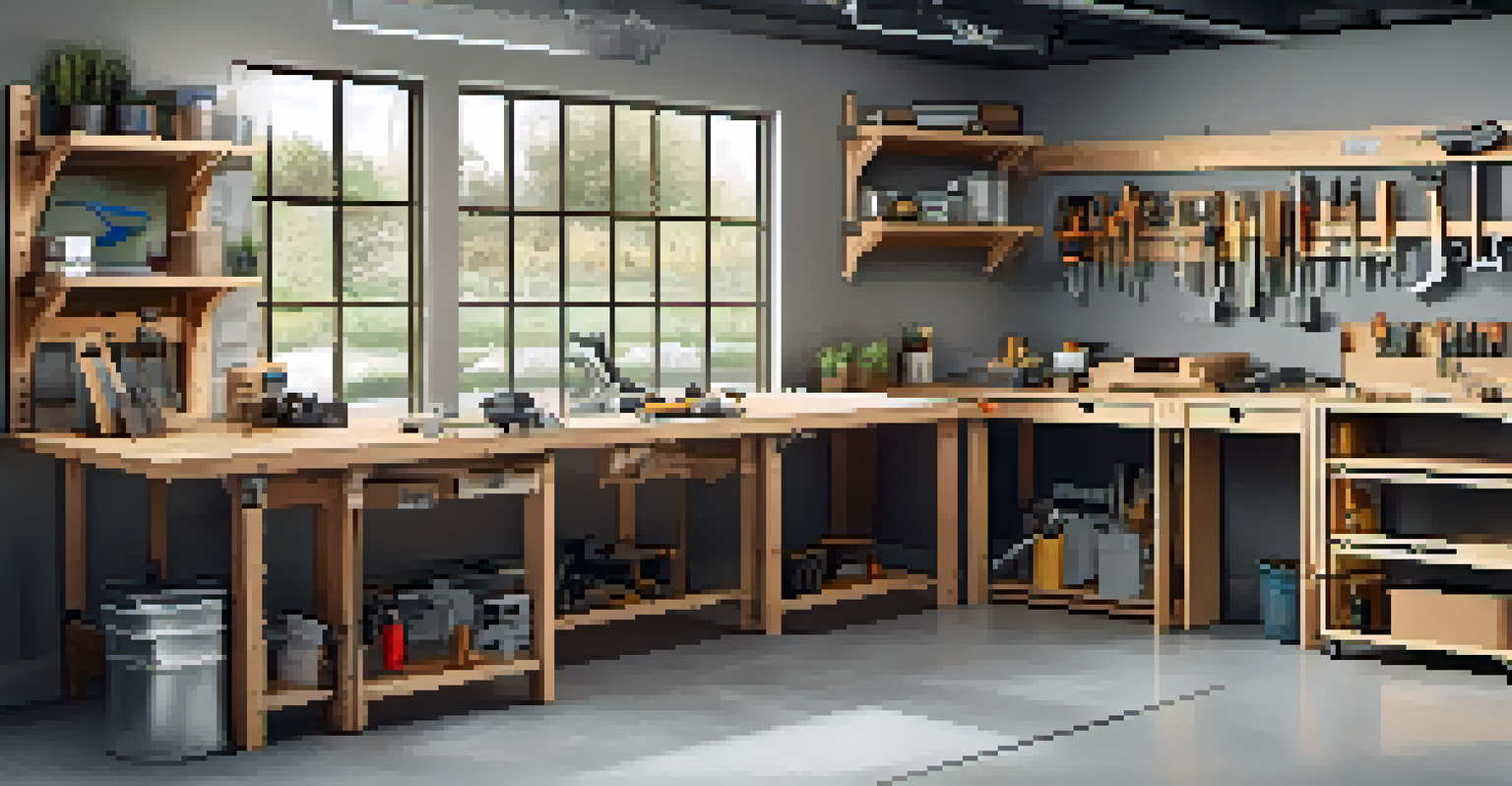 A functional folding workbench in a garage, equipped with tools and materials, illuminated by natural light.