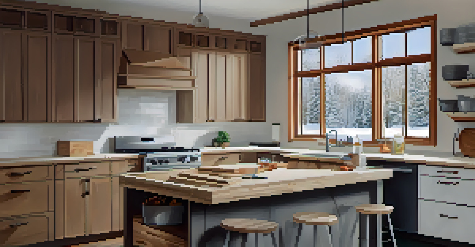 A modern kitchen renovation in winter, with tools, materials, and snow visible outside.