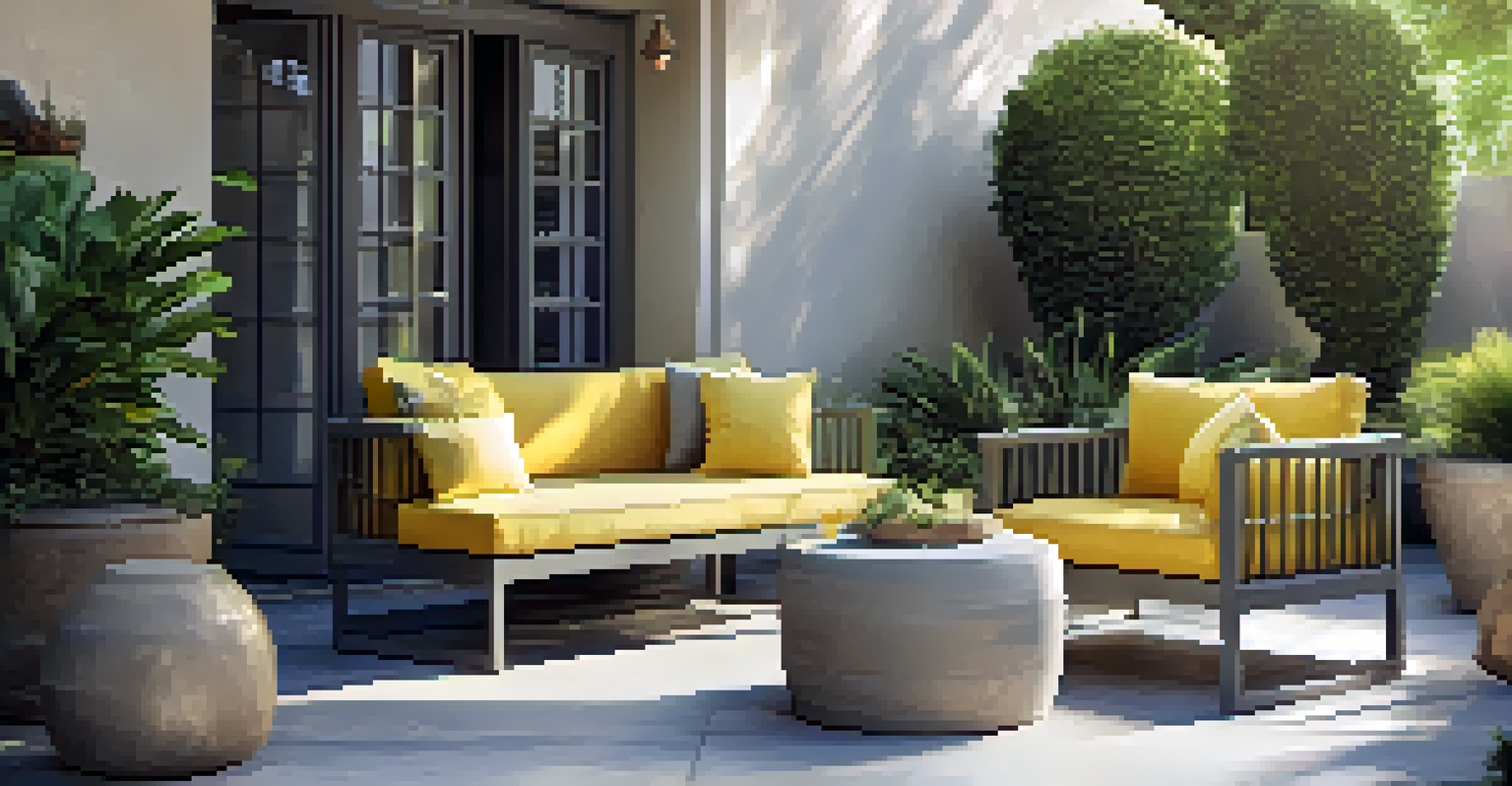 A cozy outdoor patio with gray furniture and bright yellow cushions, surrounded by greenery in warm sunlight.