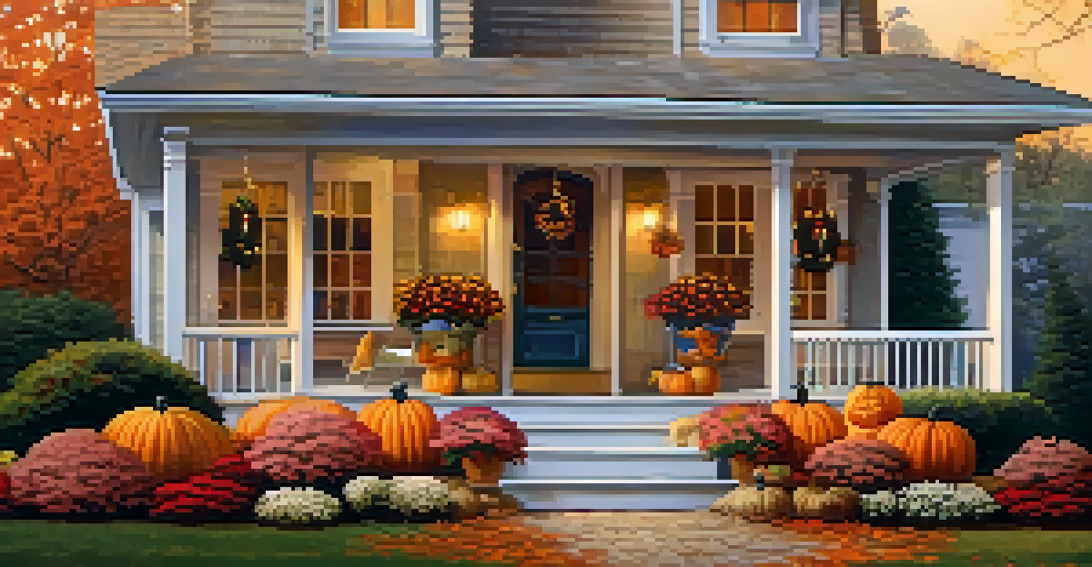 A cozy home in autumn decorated with pumpkins and colorful chrysanthemums, surrounded by falling leaves, illuminated by the warm glow of sunset.