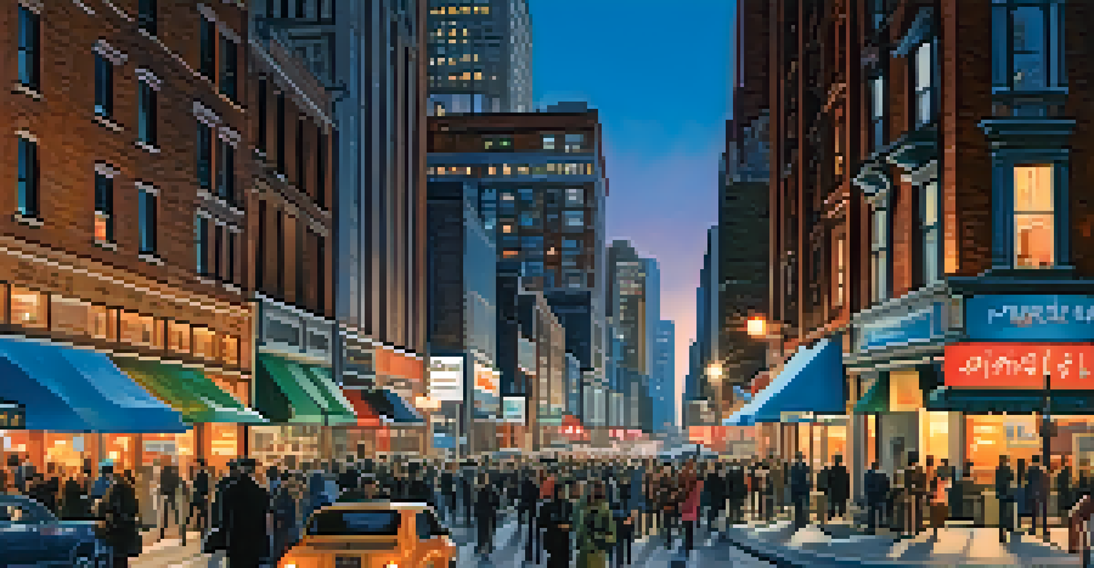 A vibrant urban skyline at twilight with illuminated buildings and a busy street showcasing city life.