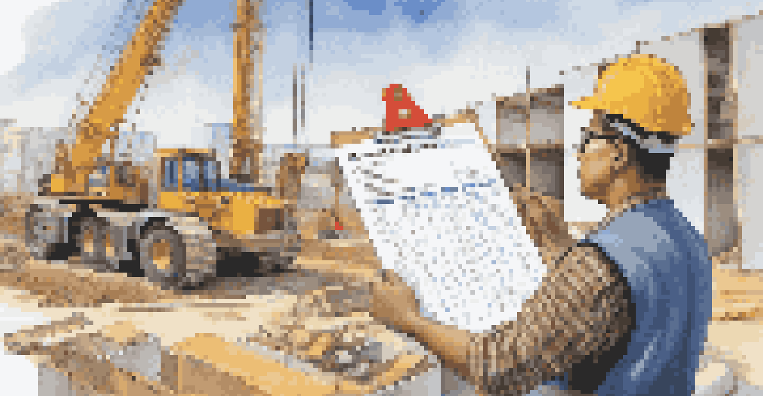 A contractor completing a quality control checklist at a construction site, with unfinished buildings and workers in the background.