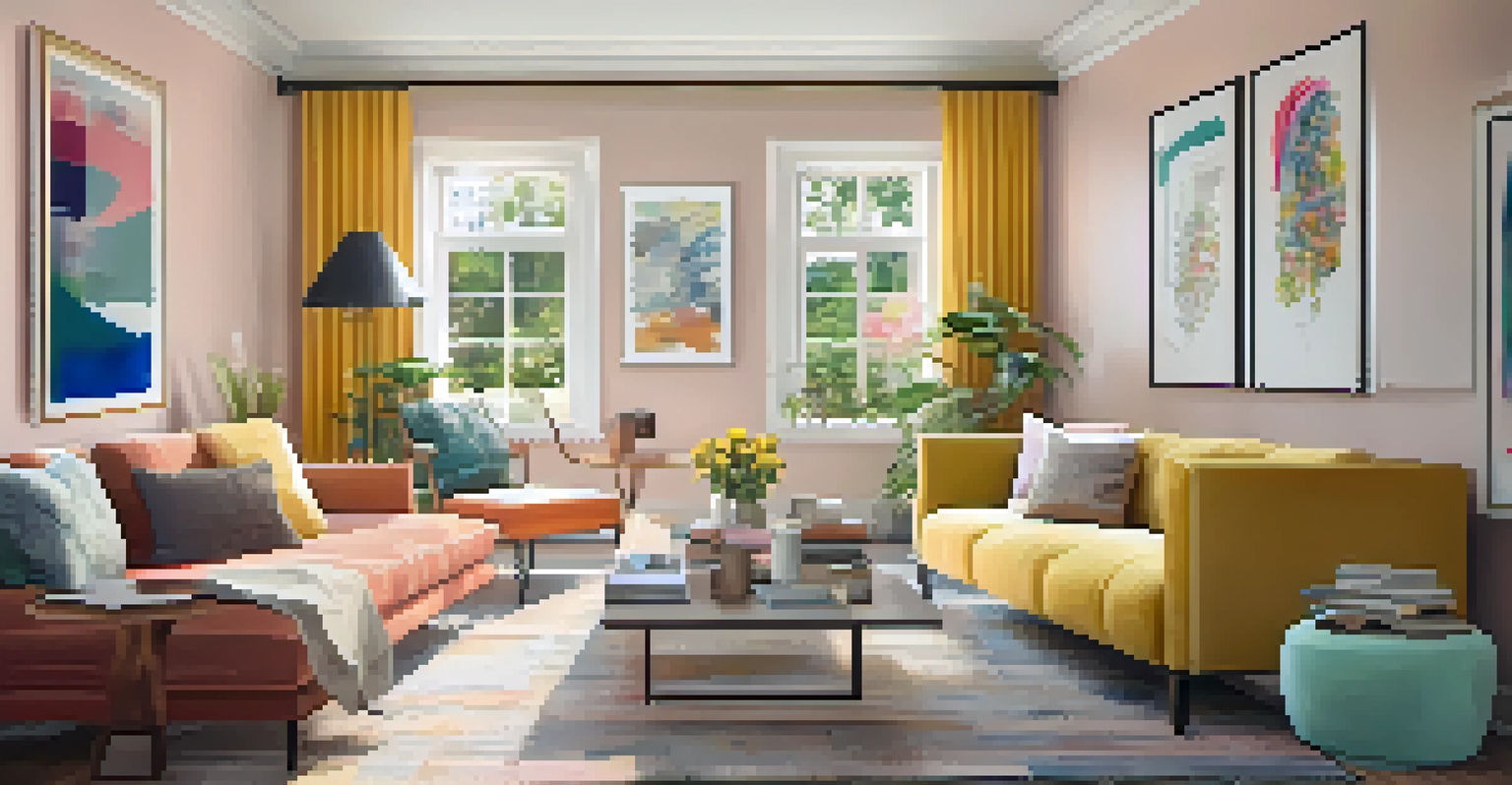 A multifunctional room with a convertible sofa that serves as a workspace and a cozy reading nook, decorated with vibrant artwork.