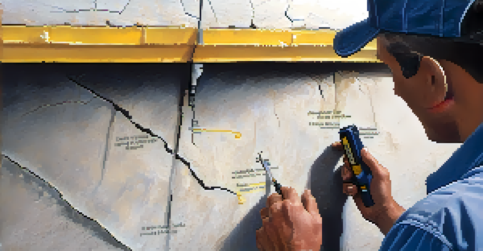 A contractor inspecting cracks in a wall of a home foundation with a flashlight.