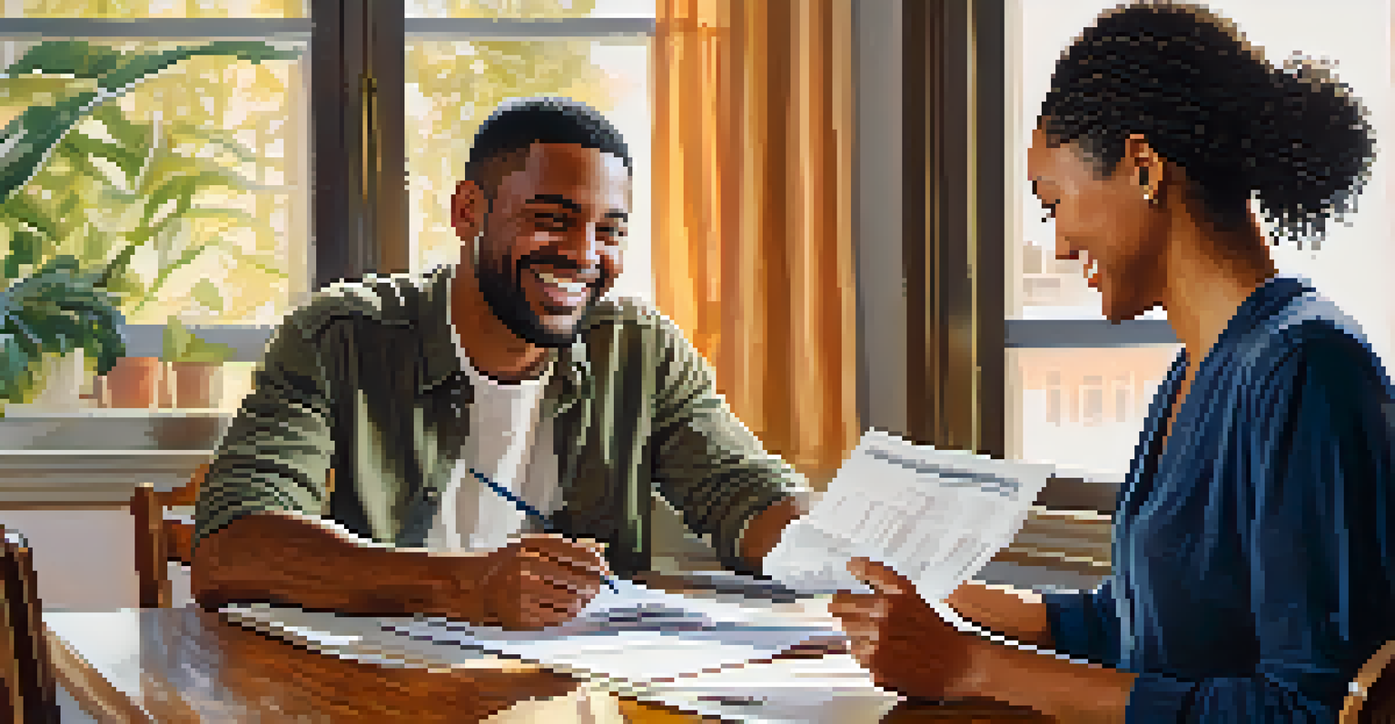 A landlord and tenant discussing amicably at a dining table with paperwork and a laptop, both smiling.