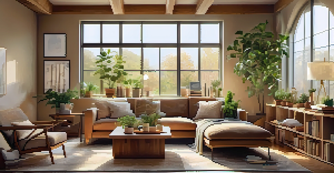 A bright and cozy living room with a sofa, coffee table, and shelves filled with plants and books, illuminated by natural light.