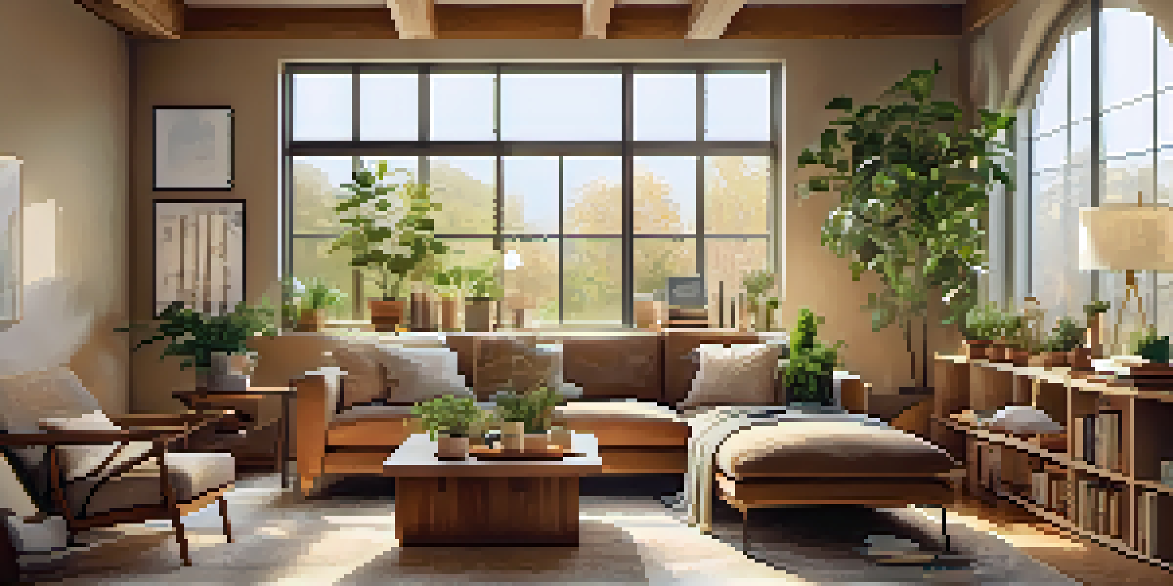 A bright and cozy living room with a sofa, coffee table, and shelves filled with plants and books, illuminated by natural light.