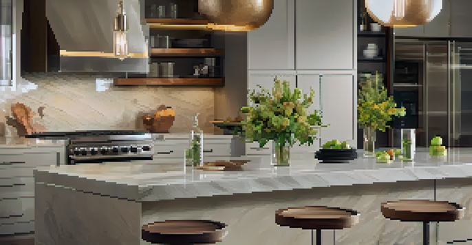 A modern kitchen with granite countertops and stone backsplashes, featuring warm lighting and a stylish island.