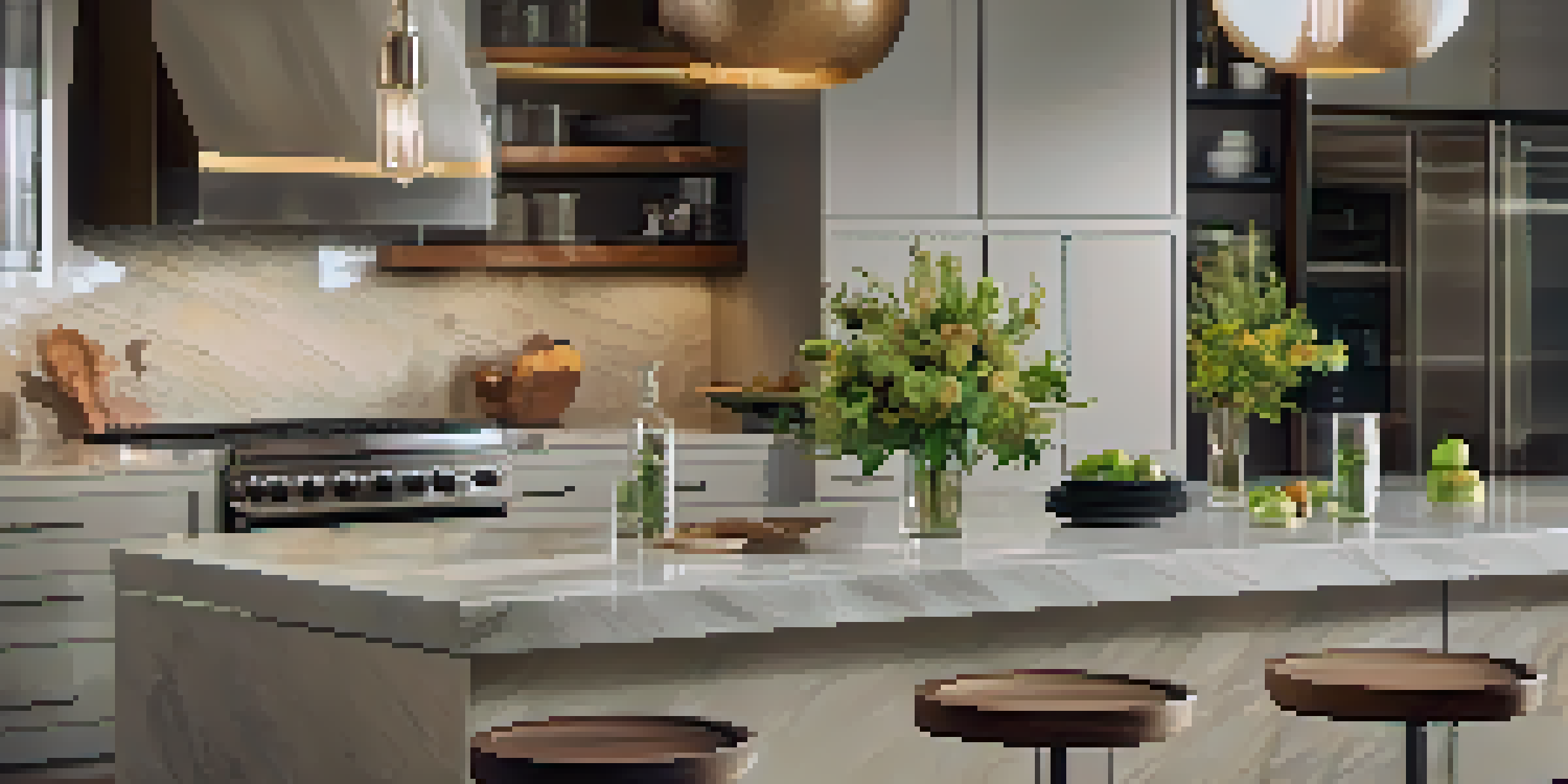 A modern kitchen with granite countertops and stone backsplashes, featuring warm lighting and a stylish island.