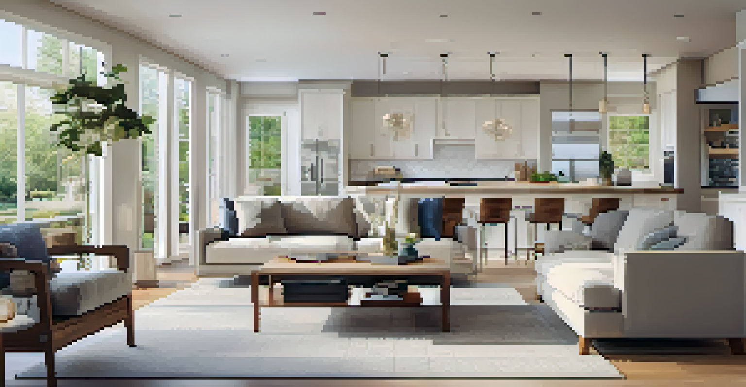An open-concept living area with large windows, light colors, and modern furniture, seamlessly connecting to a kitchen.