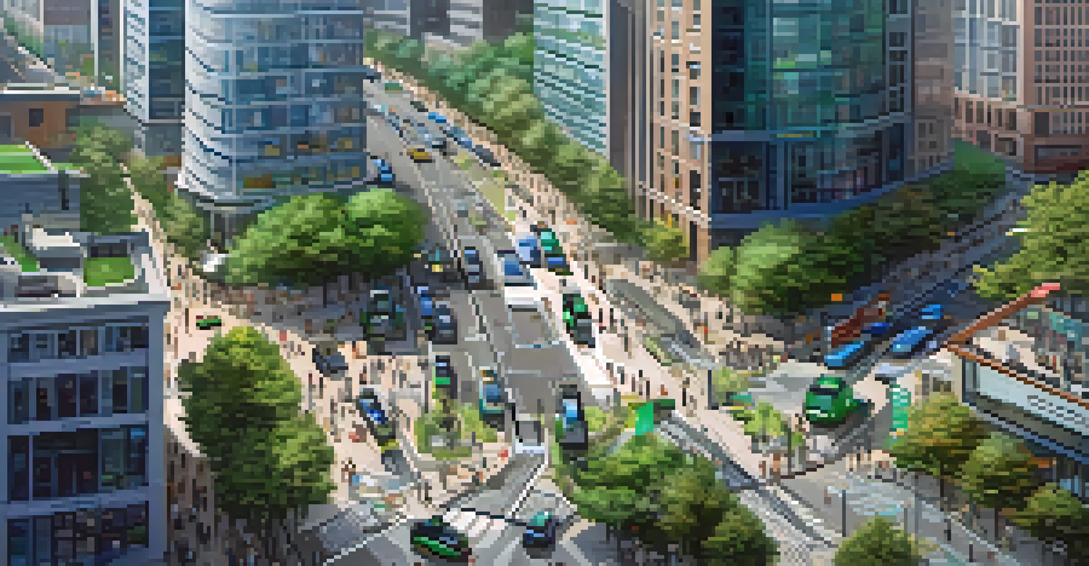 An aerial view of a modern city with smart transportation infrastructure and green spaces.