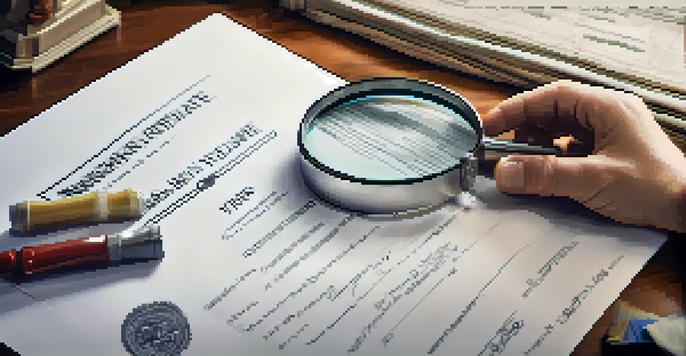 Hands holding a magnifying glass over a property title document with a house in the background.