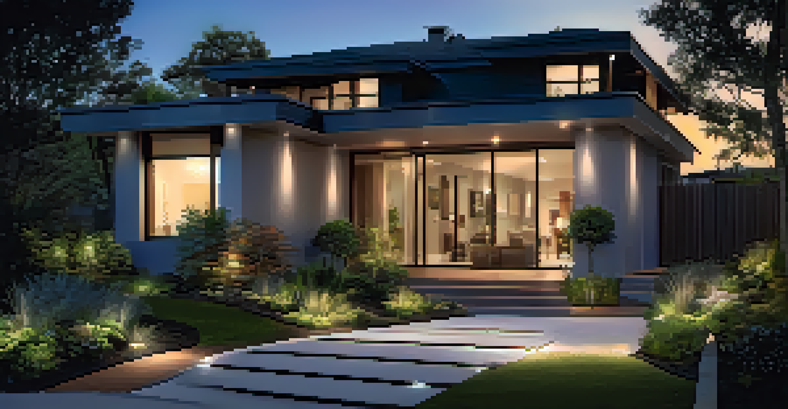 An outdoor pathway lit by smart lights leading to a modern home at dusk, with plants and a starry sky.