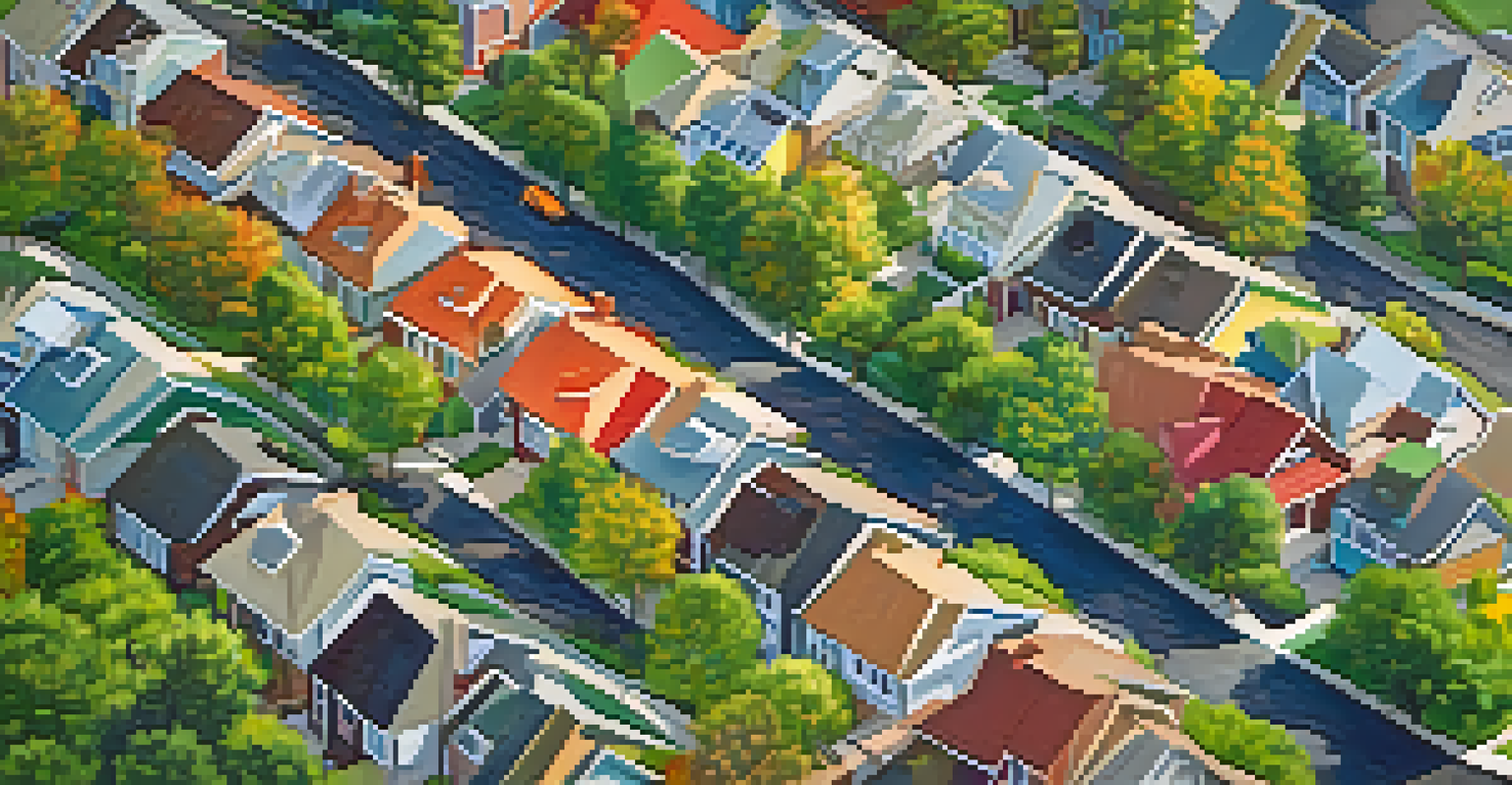 An aerial view of a lively suburban area with homes, parks, and playgrounds, showcasing community life.