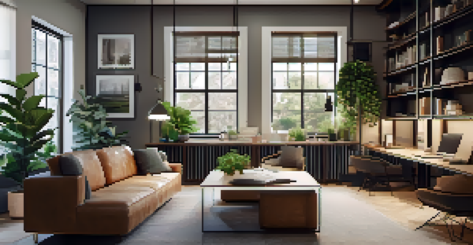 An open concept home office with a foldable desk next to a sofa, bookshelves for storage, and plants for decoration, illuminated by soft lighting.