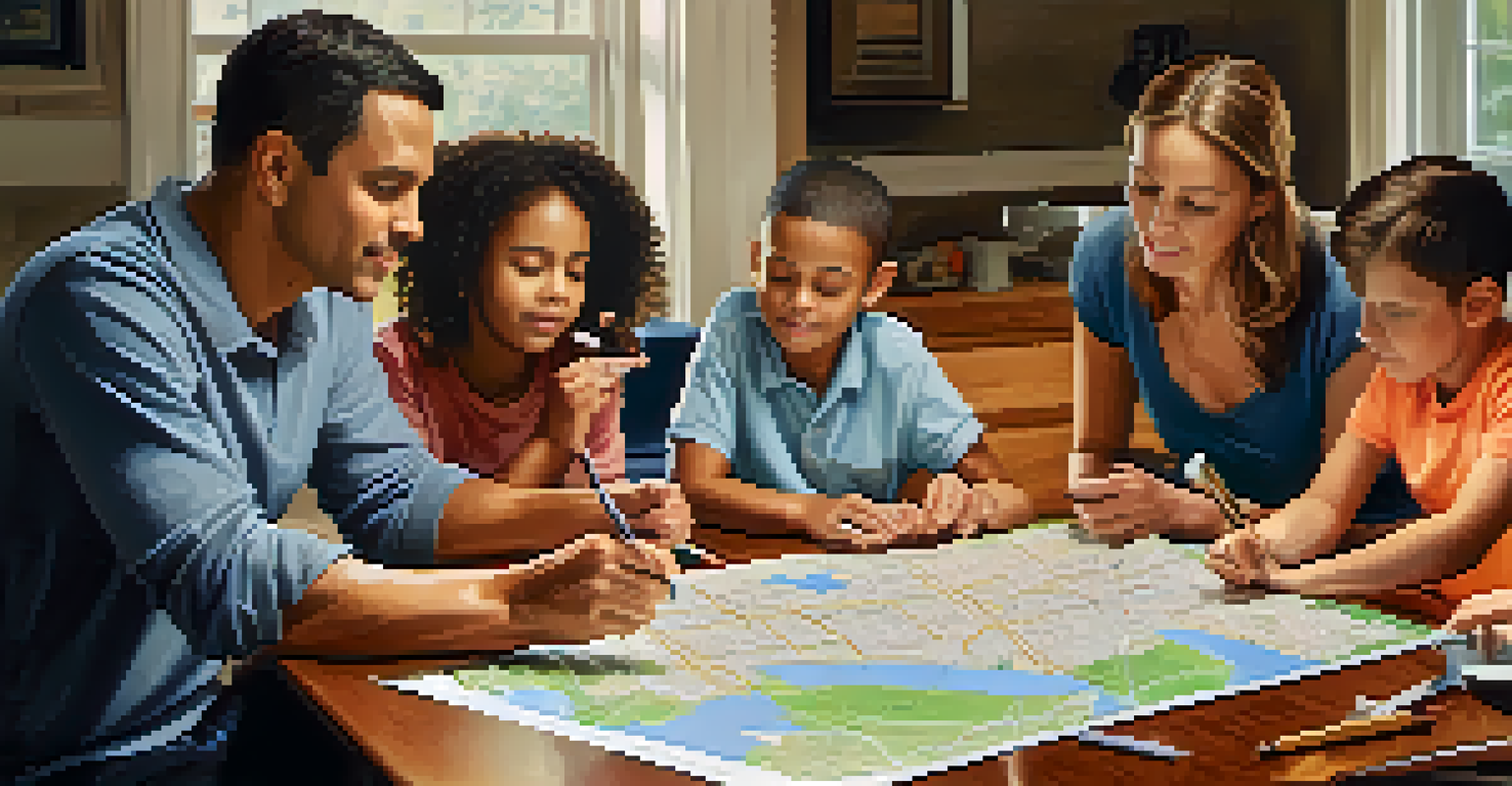 A family discussing their home safety plan with a map and emergency information on the table.