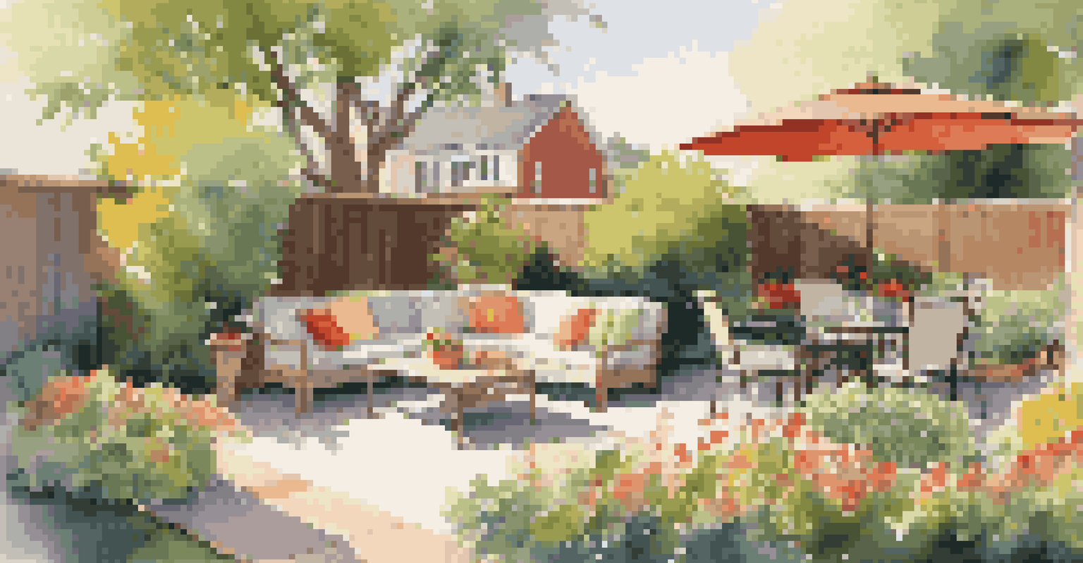 A tranquil suburban backyard with a patio, colorful flowers, and a vegetable garden under warm sunlight.