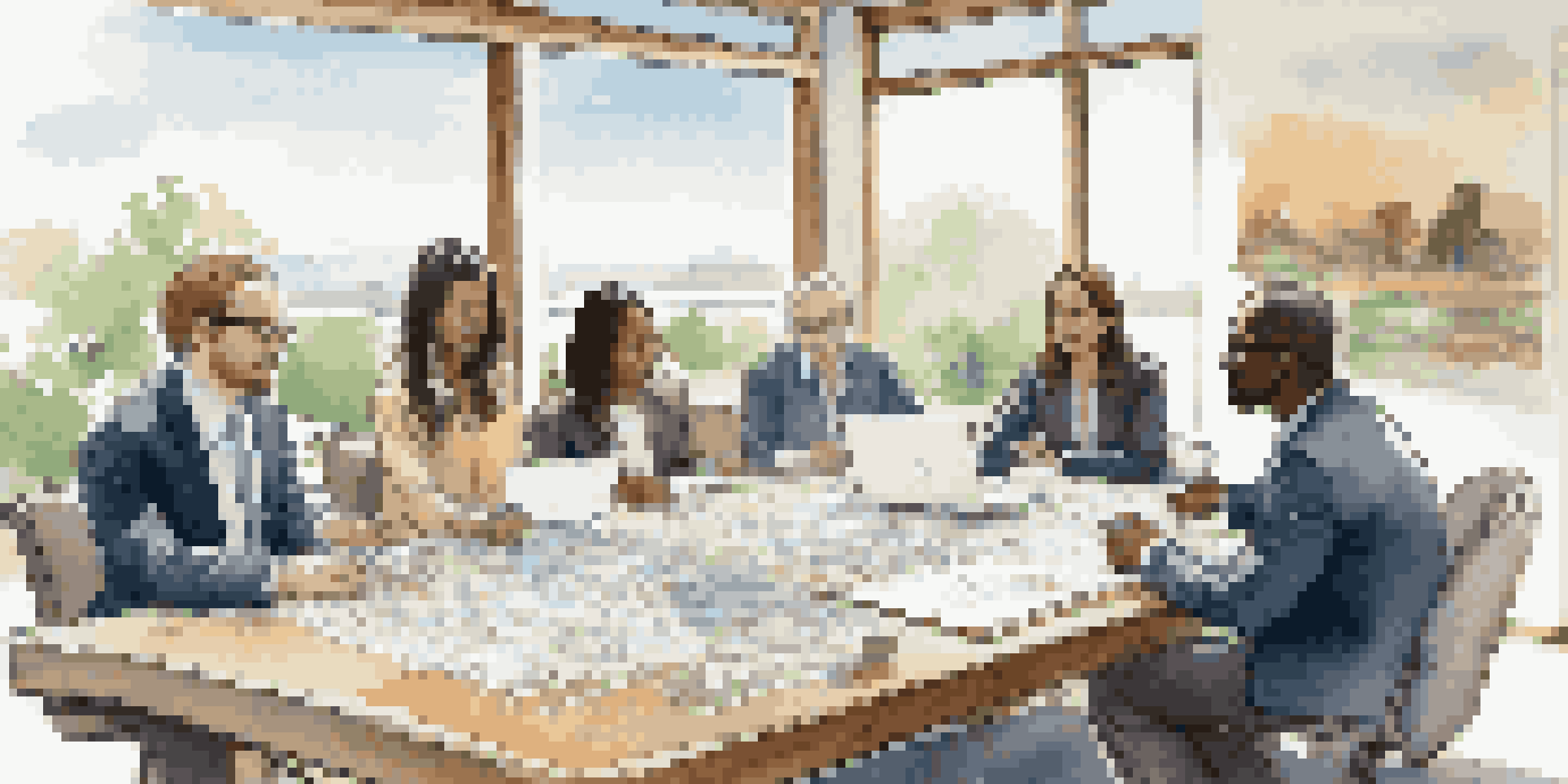 A diverse group of investors discussing a real estate project at a conference table in a bright room.