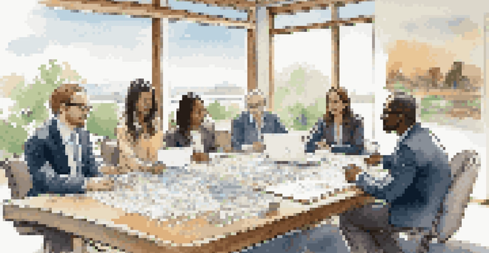A diverse group of investors discussing a real estate project at a conference table in a bright room.