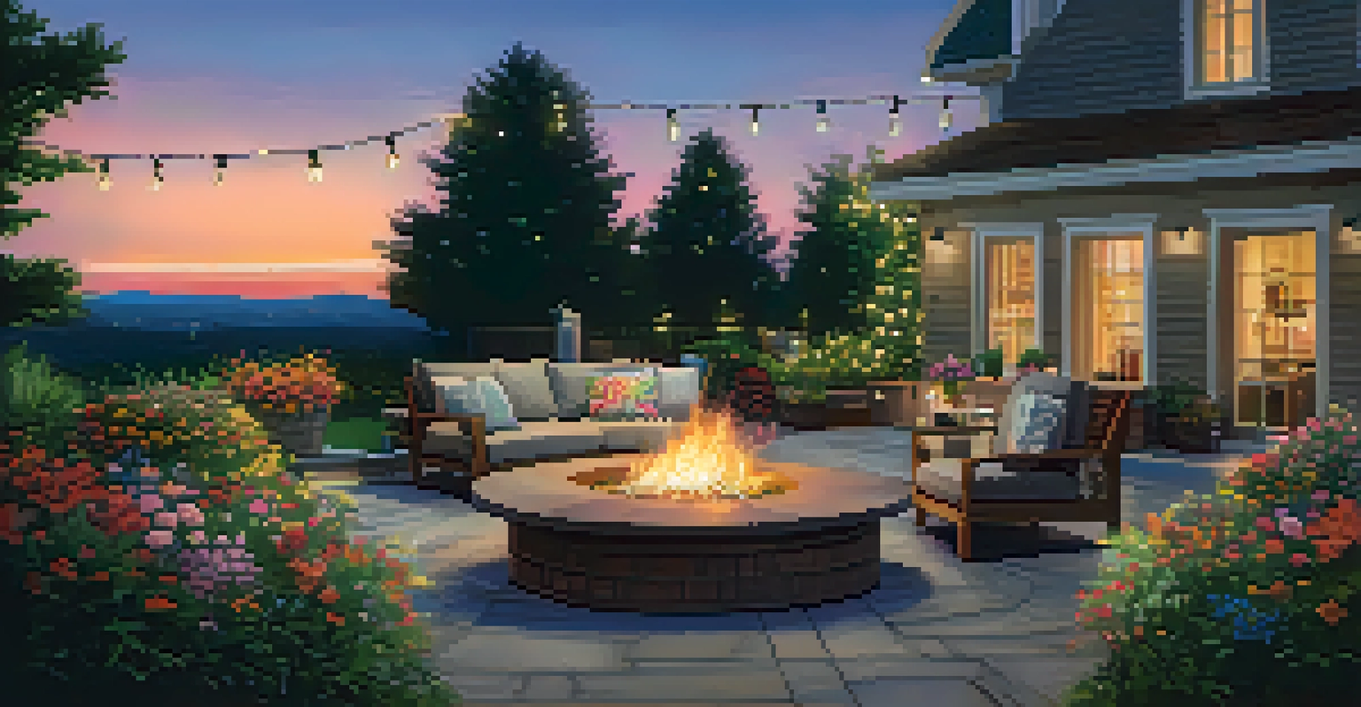 A cozy outdoor patio with furniture, a fire pit, and string lights, surrounded by colorful plants.