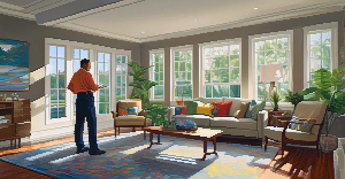 An appraiser evaluating a living room during a home appraisal, with sunlight illuminating the space.