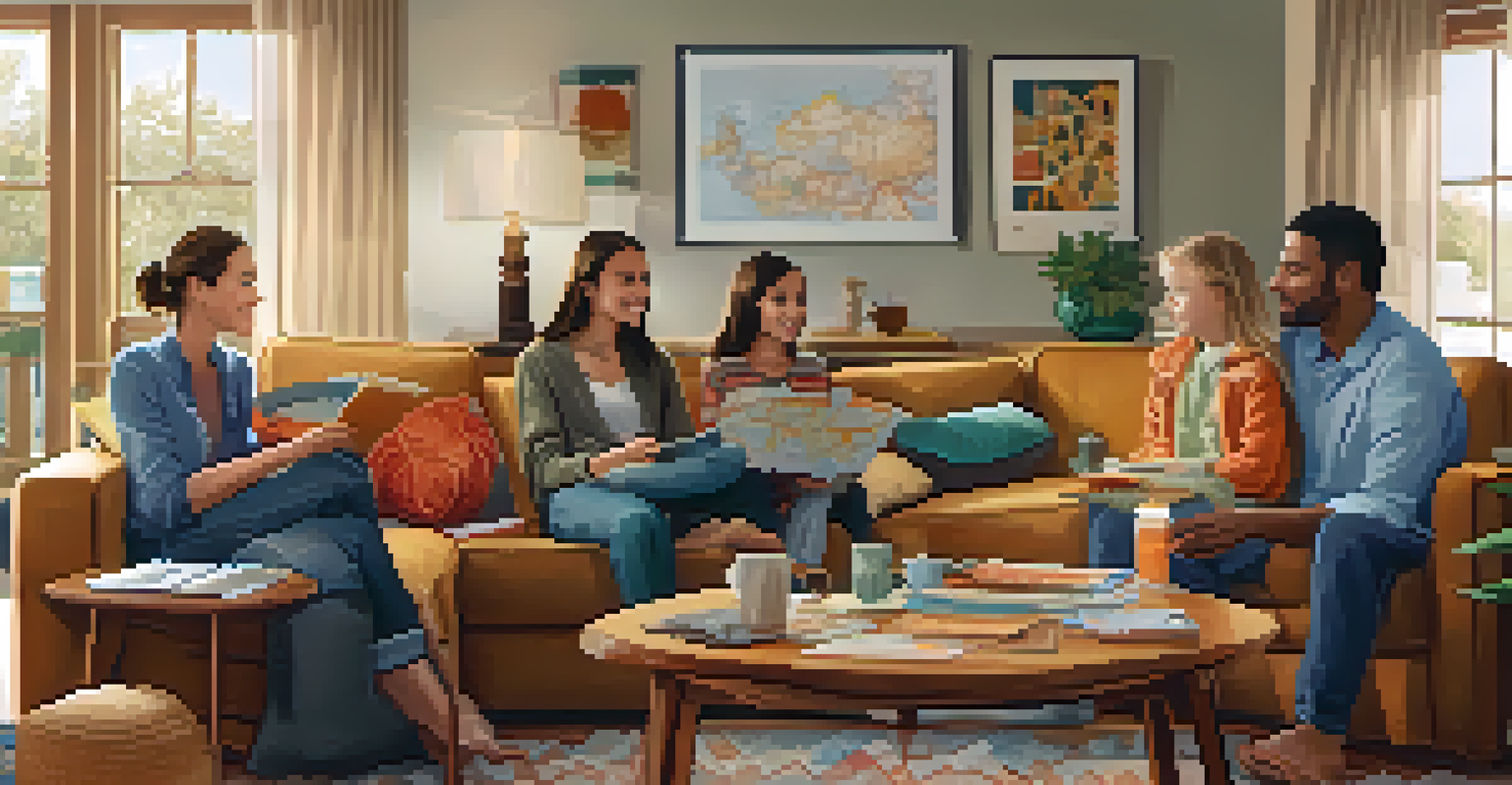 A family in a cozy living room discussing their home safety plan with a map on the table.