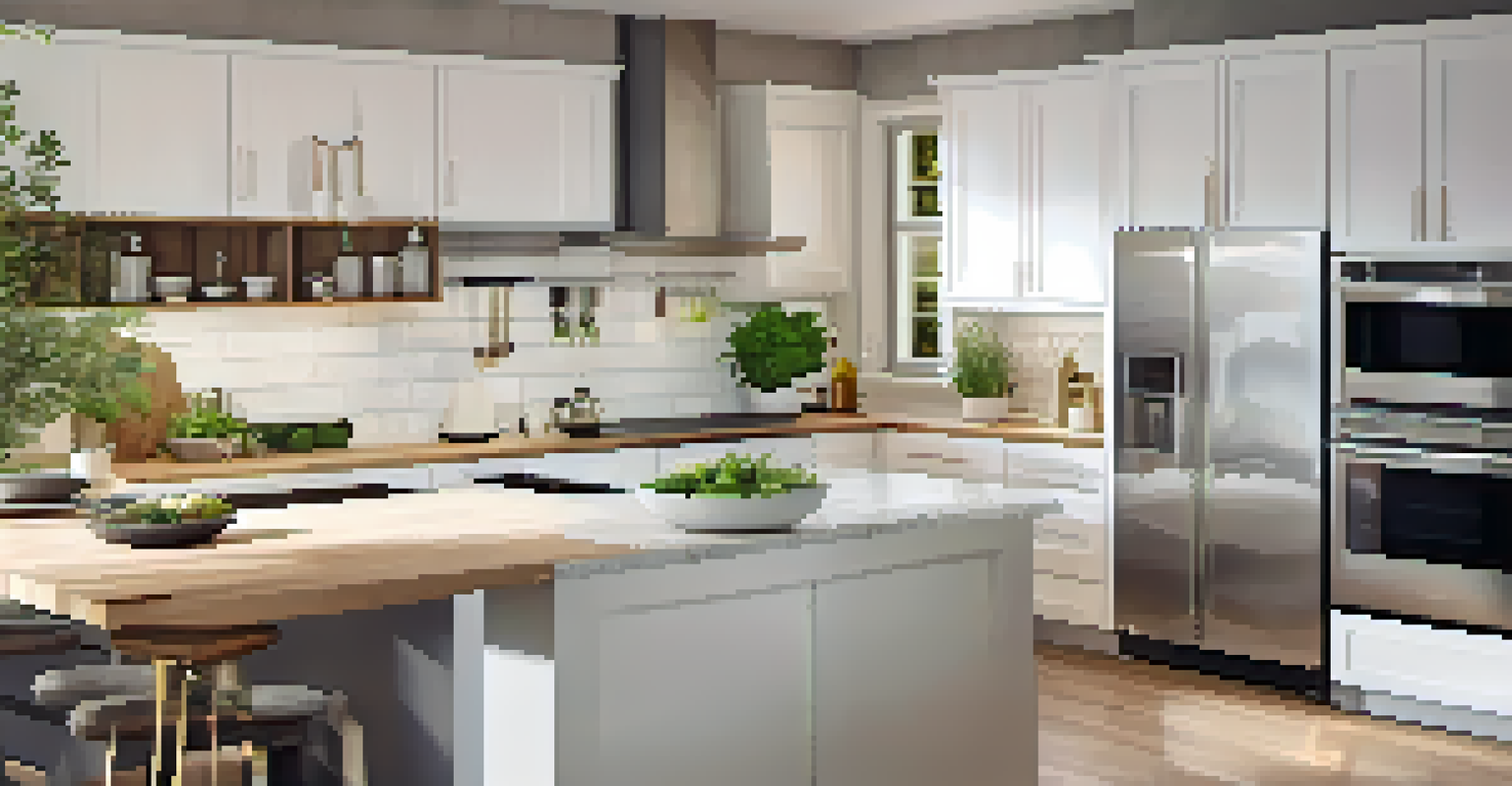 A modern kitchen with sleek appliances and bright lighting, featuring fresh herbs on the countertop.