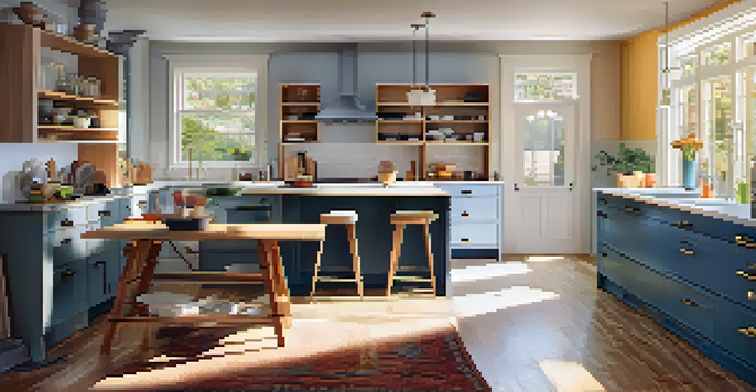 A bright kitchen with renovation tools and a contractor measuring a wall, showing a warm and inviting atmosphere.