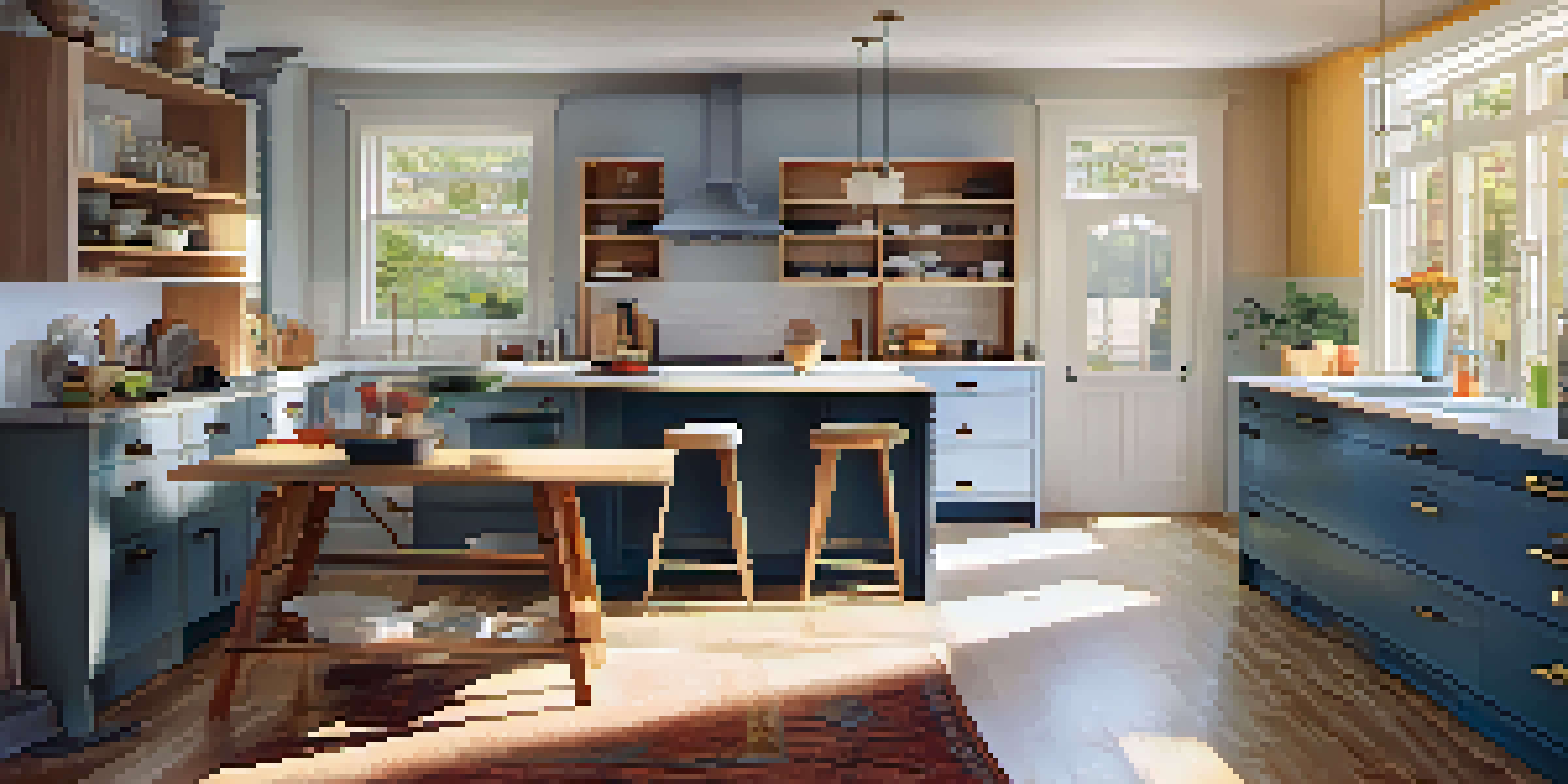 A bright kitchen with renovation tools and a contractor measuring a wall, showing a warm and inviting atmosphere.