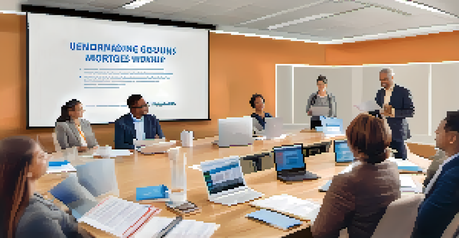 Employees attending a homebuyer education workshop in a bright conference room, with a facilitator presenting information about mortgages.