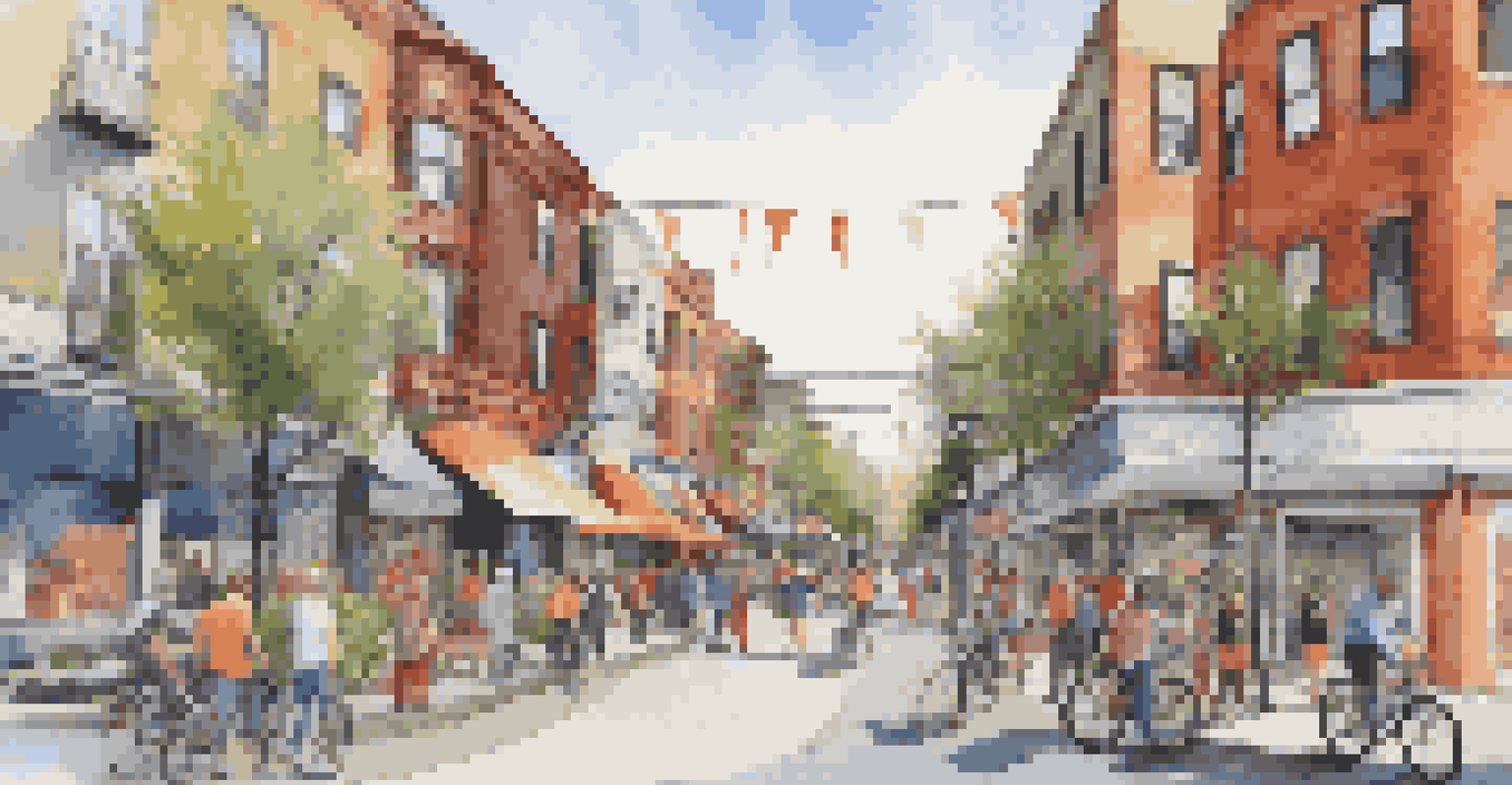 A lively urban neighborhood with diverse buildings, small businesses, and people walking and cycling, enhanced by vibrant street art.