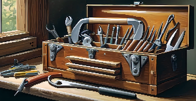 An open toolbox on a wooden workbench filled with essential tools like a hammer, screwdriver set, and pliers, illuminated by natural light.