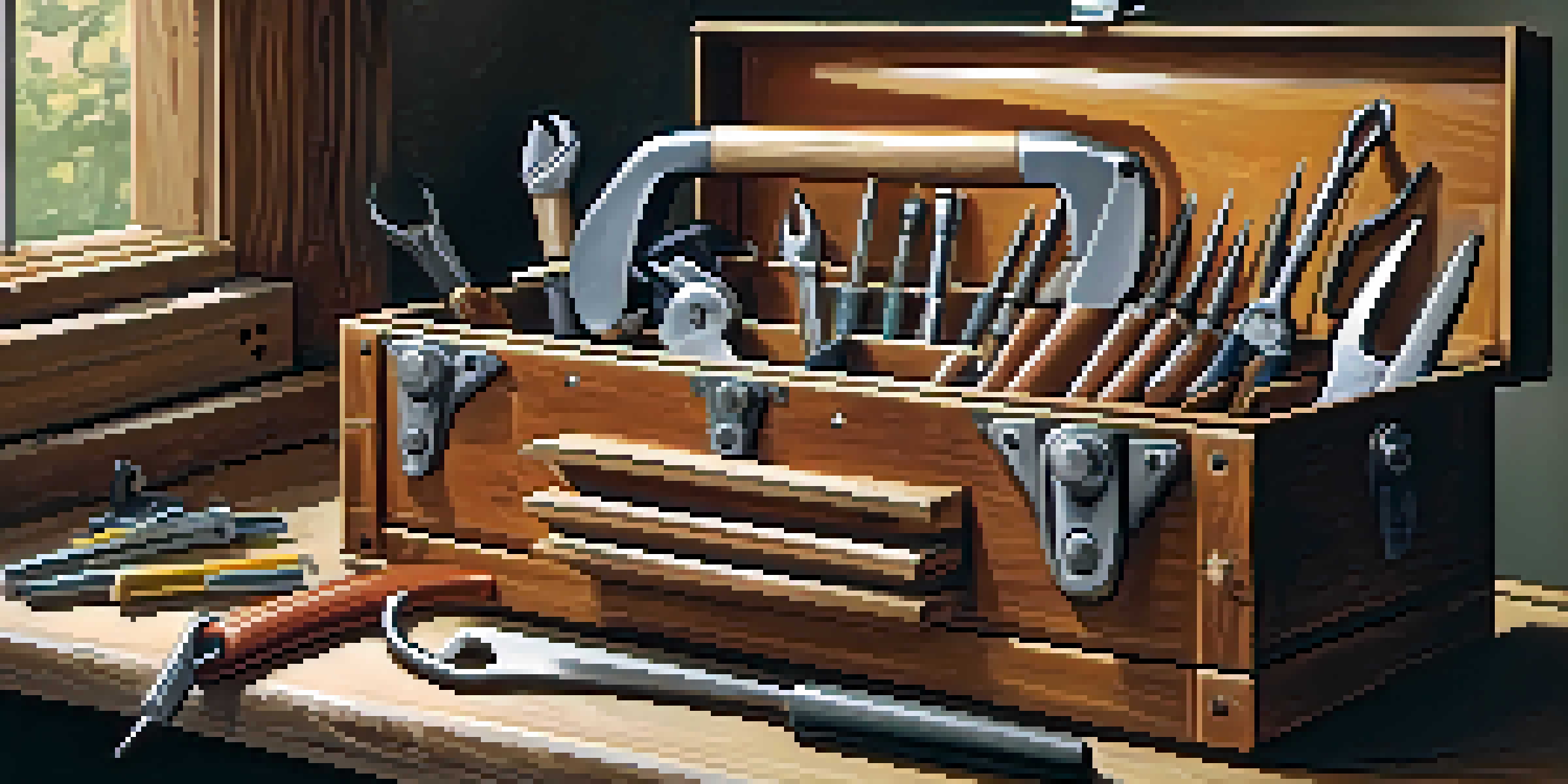An open toolbox on a wooden workbench filled with essential tools like a hammer, screwdriver set, and pliers, illuminated by natural light.