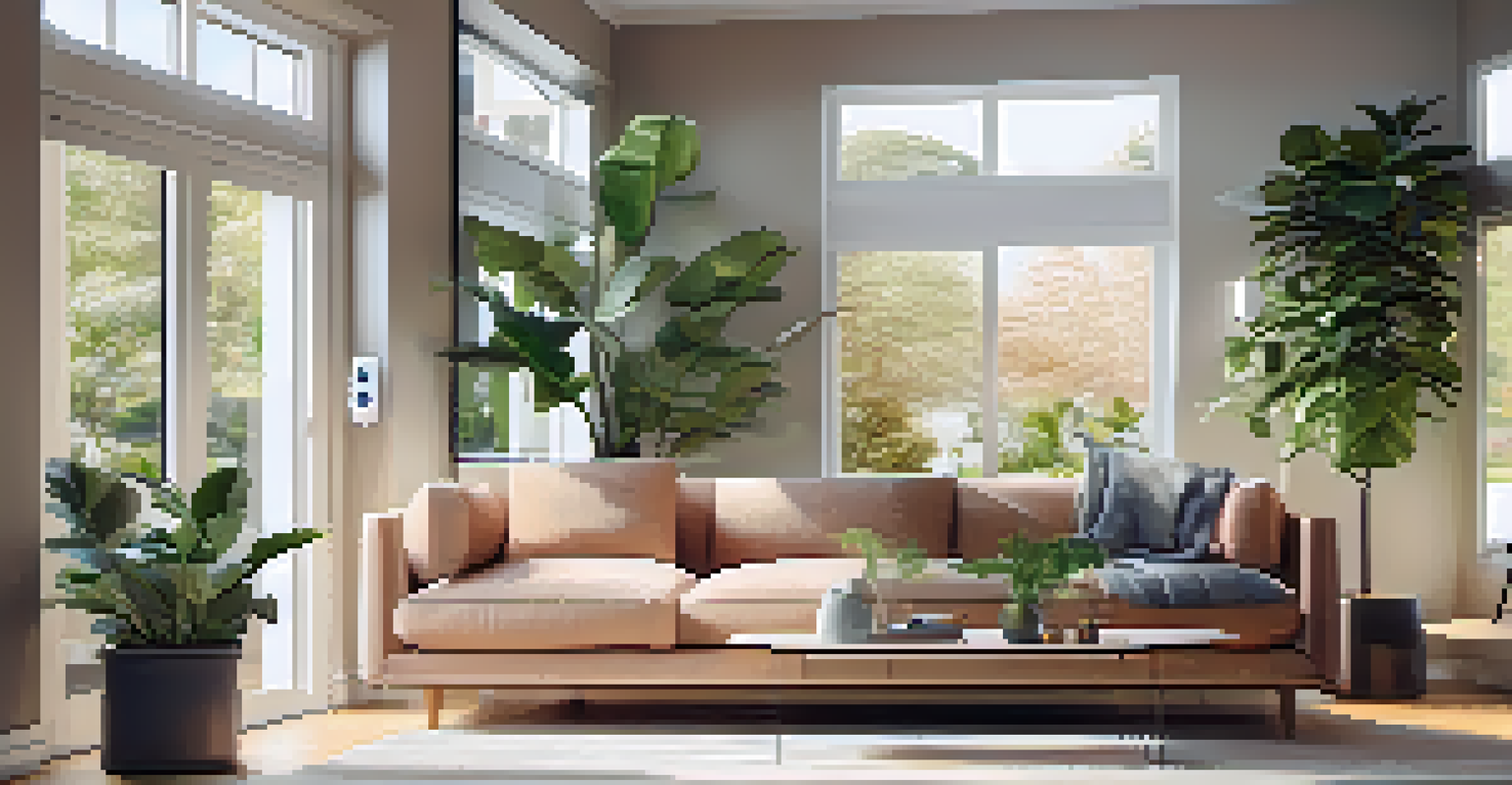 A contemporary living room showcasing a smart security system with a security camera and smart doorbell, illuminated by soft natural light.