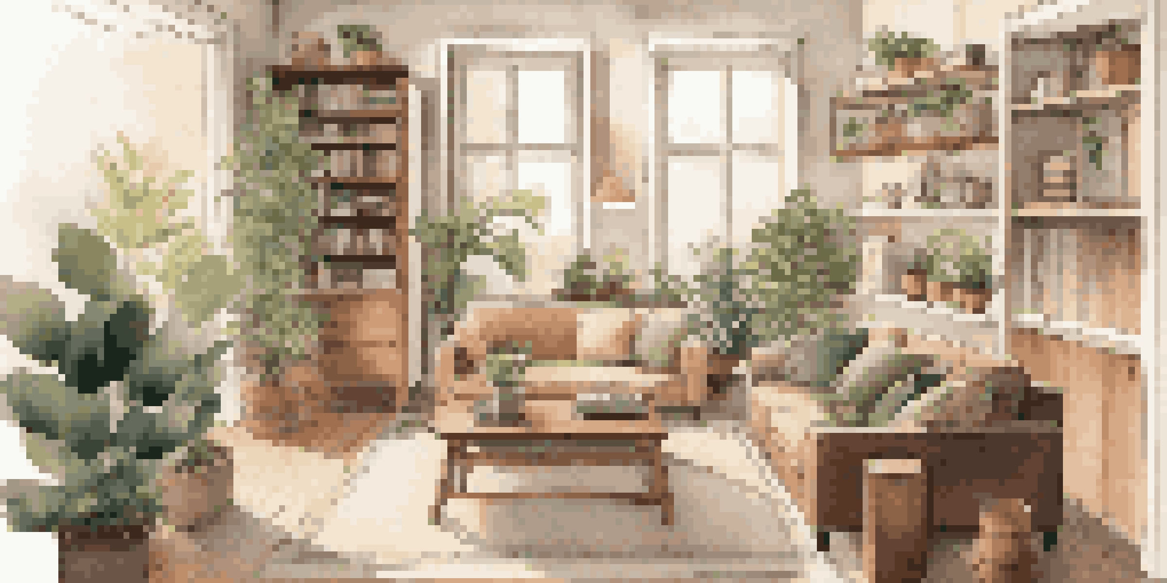 A cozy living room with a couch and a foldable desk integrated into a bookshelf, warm lighting, and plants.