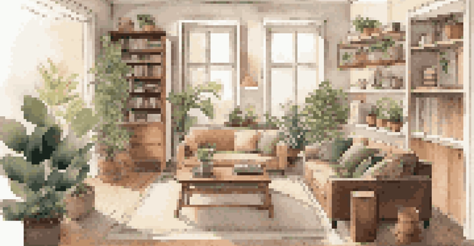 A cozy living room with a couch and a foldable desk integrated into a bookshelf, warm lighting, and plants.