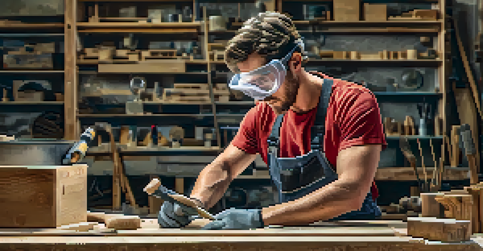 A person wearing safety gear using a sander on wood in a bright workshop, emphasizing safe home repair practices.