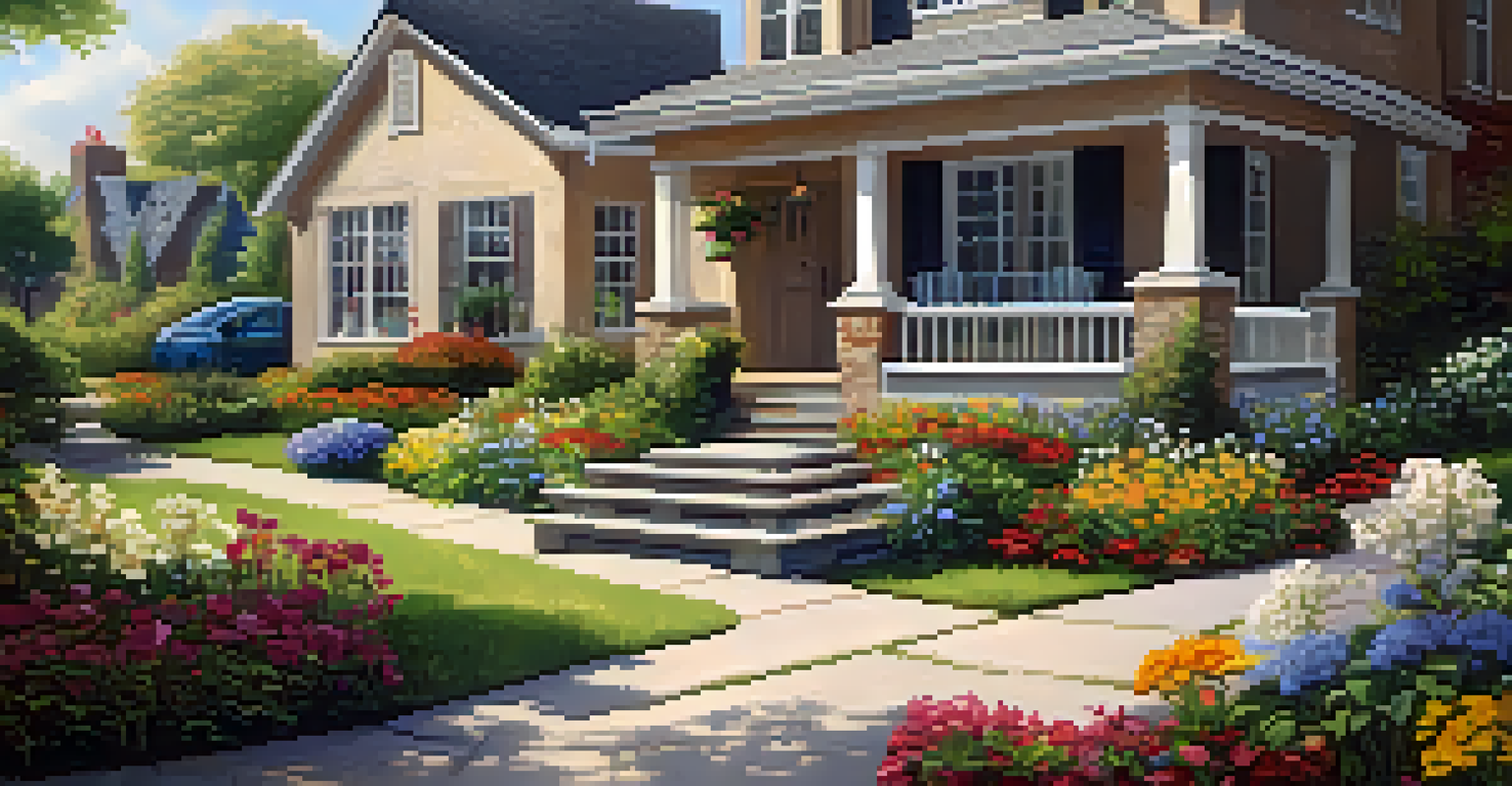 A beautiful garden with colorful flowers and a family enjoying the outdoors, with a sign indicating home warranty in the background.