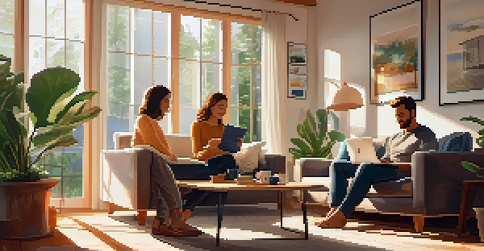 A couple sitting in a cozy living room, reviewing a Loan Estimate form on a coffee table, with houseplants and sunlight filtering through the windows.