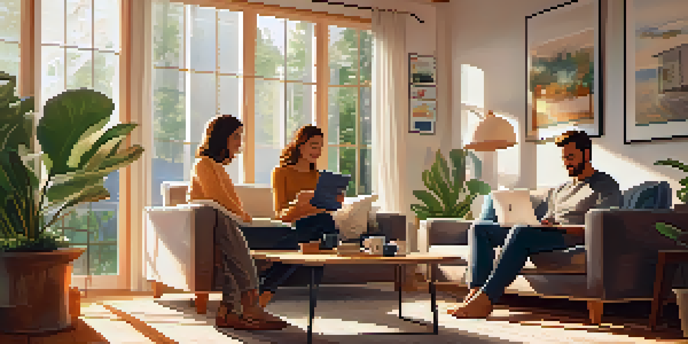 A couple sitting in a cozy living room, reviewing a Loan Estimate form on a coffee table, with houseplants and sunlight filtering through the windows.