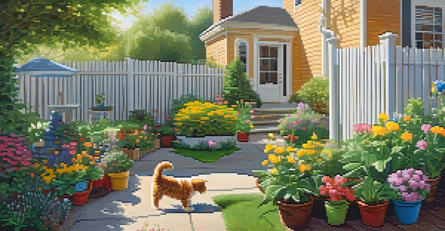 A garden with a fenced yard where a cat and dog play among pet-friendly plants.