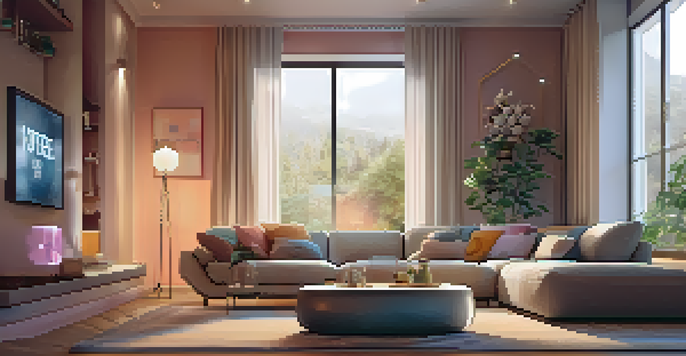 A modern living room with a smart speaker on the coffee table and warm lighting, showcasing a cozy and inviting atmosphere.