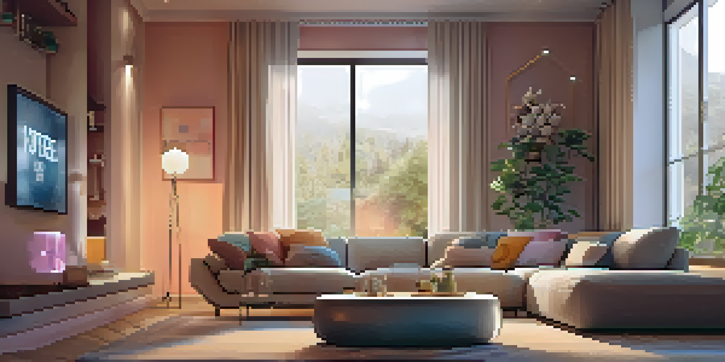 A modern living room with a smart speaker on the coffee table and warm lighting, showcasing a cozy and inviting atmosphere.
